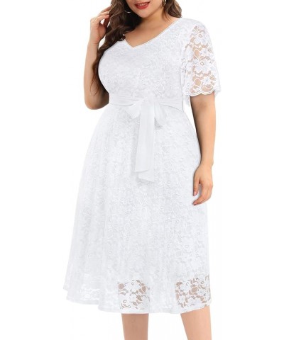 Women Plus Size Lace Bridal Shower Wedding Guest Cocktail Semi Formal V Neck Short Sleeve Midi Dresses White (Long Length) $2...