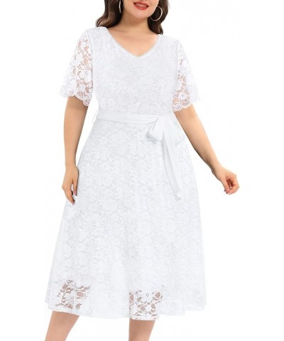 Women Plus Size Lace Bridal Shower Wedding Guest Cocktail Semi Formal V Neck Short Sleeve Midi Dresses White (Long Length) $2...