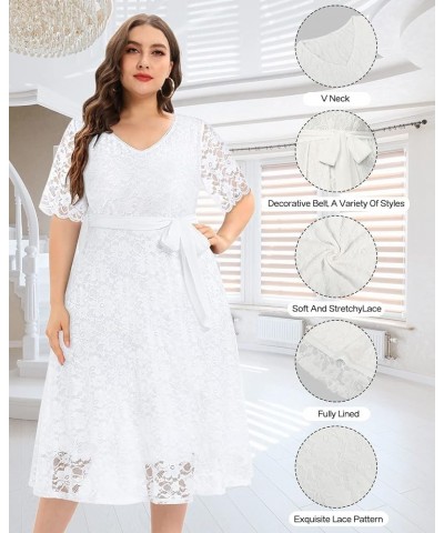 Women Plus Size Lace Bridal Shower Wedding Guest Cocktail Semi Formal V Neck Short Sleeve Midi Dresses White (Long Length) $2...