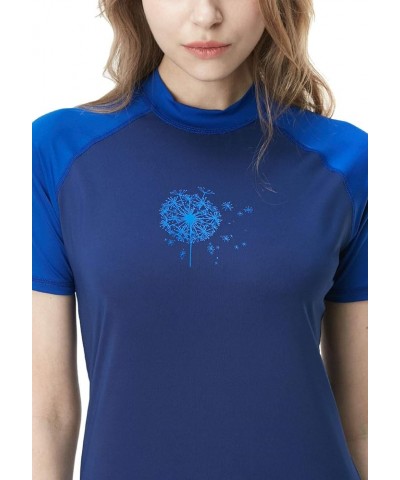 Women's UPF 50+ Rash Guard Short Sleeve, UV/SPF Surf Swim Shirts, Water Beach Swimsuit Top Dandelion Print Navy & Cobalt Blue...
