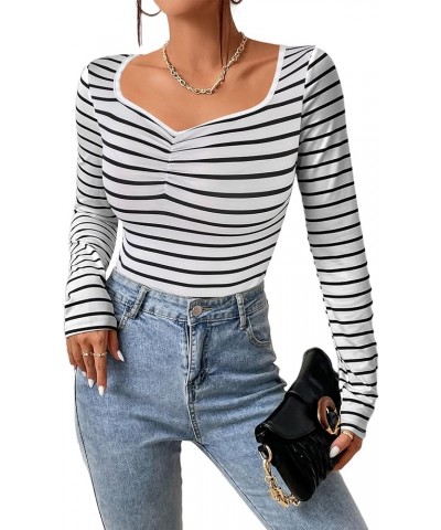 Women's Striped Fitted T-Shirts Sweetheart Neck Long Sleeve Shirts Fall Going Out Tops Black White Striped $6.35 T-Shirts