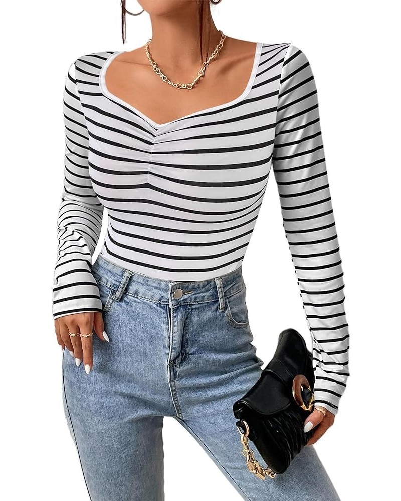Women's Striped Fitted T-Shirts Sweetheart Neck Long Sleeve Shirts Fall Going Out Tops Black White Striped $6.35 T-Shirts