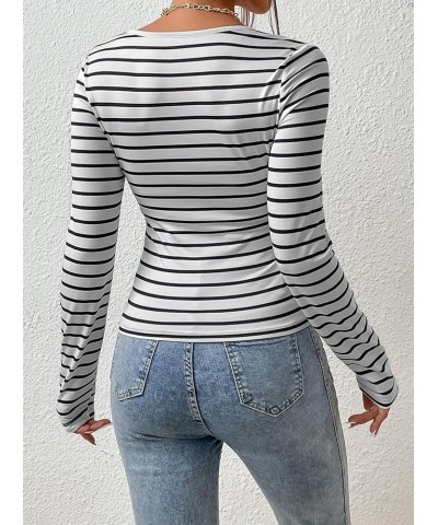 Women's Striped Fitted T-Shirts Sweetheart Neck Long Sleeve Shirts Fall Going Out Tops Black White Striped $6.35 T-Shirts