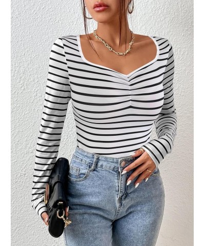 Women's Striped Fitted T-Shirts Sweetheart Neck Long Sleeve Shirts Fall Going Out Tops Black White Striped $6.35 T-Shirts