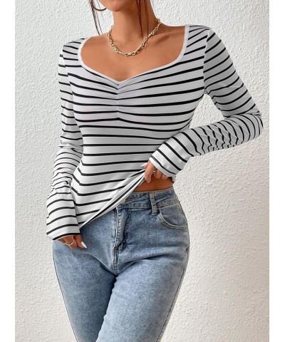 Women's Striped Fitted T-Shirts Sweetheart Neck Long Sleeve Shirts Fall Going Out Tops Black White Striped $6.35 T-Shirts