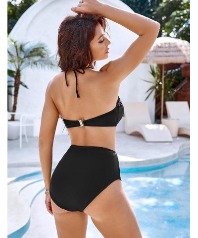 Womens High Waisted Bikini Sets Sexy Tie Knot Halter Two Piece Swimsuit Tummy Control Floral Print 2 Piece Swimsuit Black $13...