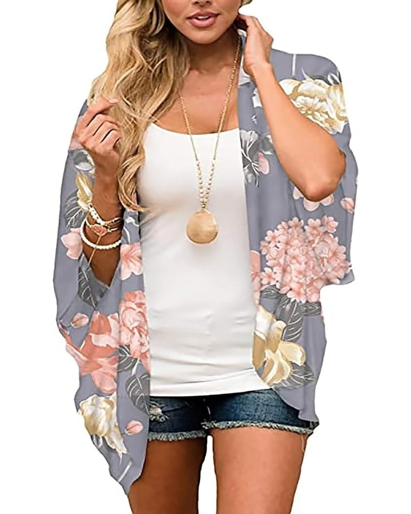 Womens Floral Chiffon Kimono Cardigans Loose Beach Cover Up Half Sleeve Tops 01h Floral Grey $8.69 Swimsuits