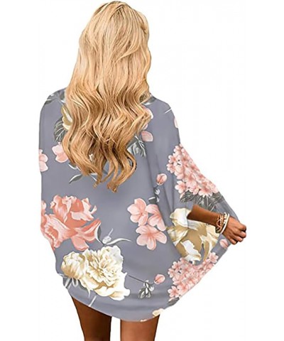 Womens Floral Chiffon Kimono Cardigans Loose Beach Cover Up Half Sleeve Tops 01h Floral Grey $8.69 Swimsuits