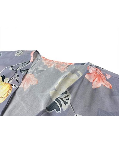 Womens Floral Chiffon Kimono Cardigans Loose Beach Cover Up Half Sleeve Tops 01h Floral Grey $8.69 Swimsuits