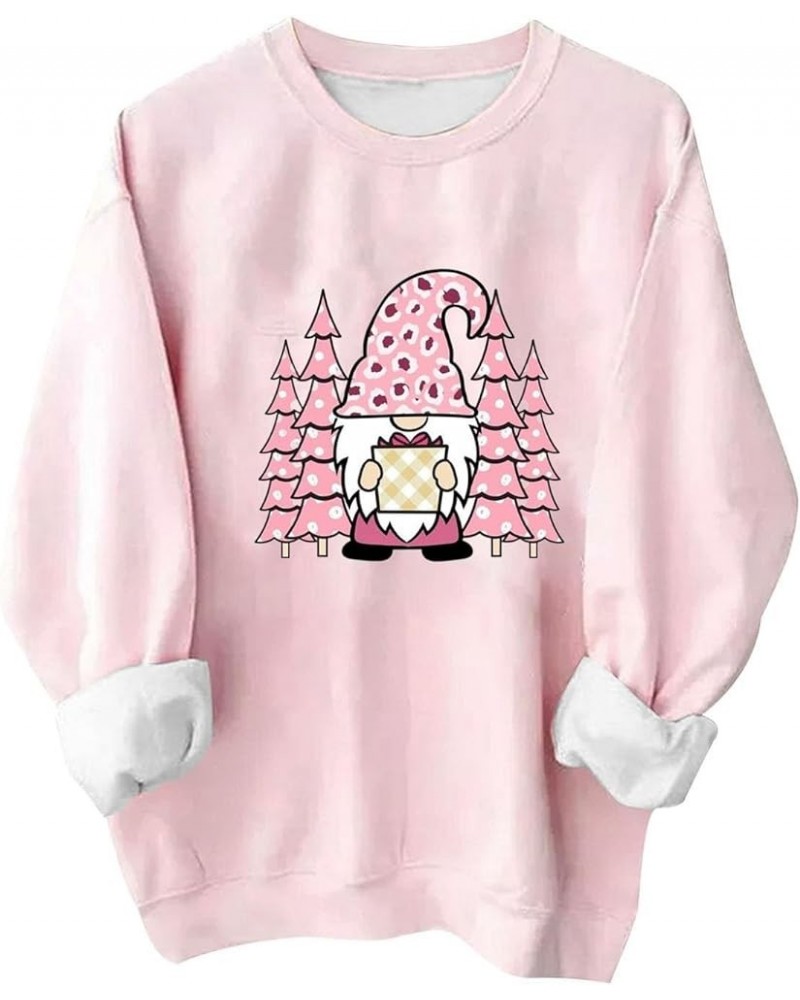 Pink Christmas Sweatshirts for Women Funny Cute Gnomes Santa Oversized Long Sleeve Shirts Vacation Pullovers Xmas Gift 012 Pi...