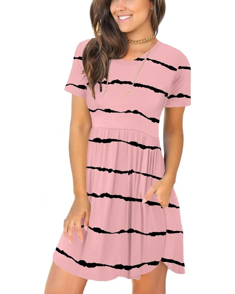 Women's 2024 Summer Short Sleeve Casual Dresses Hide Belly Fat Loose Fit Sundress with Pockets Bean Red Stripe $17.94 Dresses