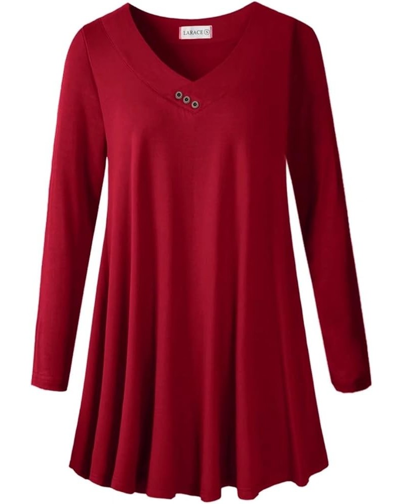 Women Plus Size Tunic Tops Long Sleeve V Neck Blouse Loose Swing Basic Flowy T Shirt for Leggings Wine Red $12.74 Tops