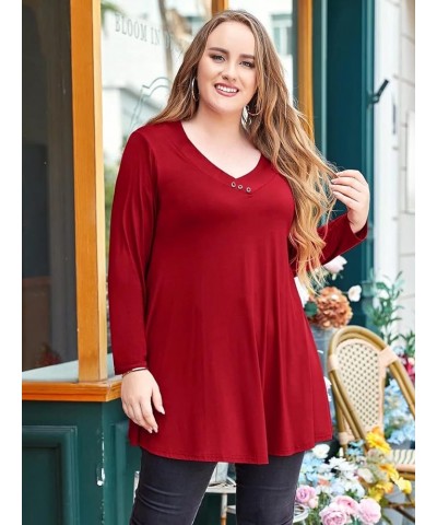 Women Plus Size Tunic Tops Long Sleeve V Neck Blouse Loose Swing Basic Flowy T Shirt for Leggings Wine Red $12.74 Tops