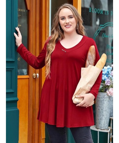 Women Plus Size Tunic Tops Long Sleeve V Neck Blouse Loose Swing Basic Flowy T Shirt for Leggings Wine Red $12.74 Tops