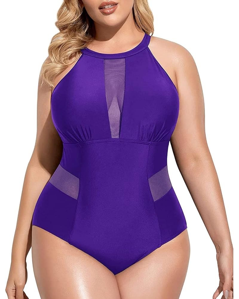 Plus Size One Piece Swimsuit for Women High Neck Plunge Mesh Cut Out Bathing Suits Violet $20.07 Swimsuits