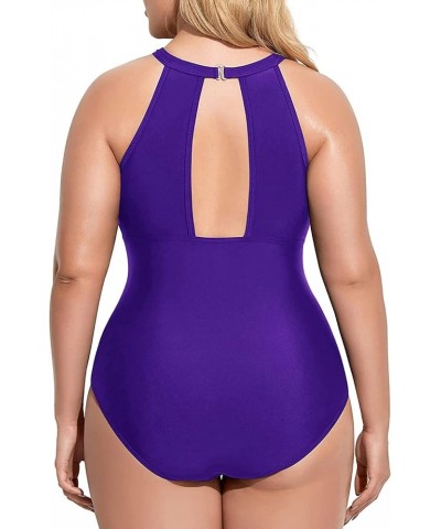 Plus Size One Piece Swimsuit for Women High Neck Plunge Mesh Cut Out Bathing Suits Violet $20.07 Swimsuits