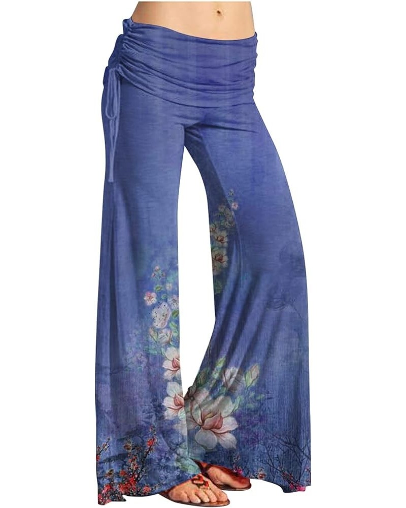 Women's Summer Vintage Print Wide Leg Pants Casual Flared Drawstring Trousers Elastic High Waist Palazzo Pants 3-dark Blue $1...
