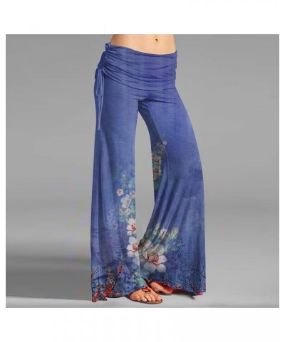 Women's Summer Vintage Print Wide Leg Pants Casual Flared Drawstring Trousers Elastic High Waist Palazzo Pants 3-dark Blue $1...