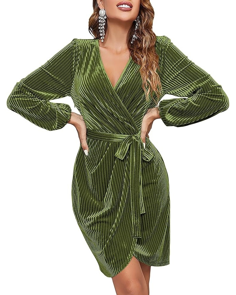 Women's 2024 Long Sleeve Wrap Velvet Mini Dress Sexy V Neck Cocktail Party Club Dress Olive $26.32 Dresses