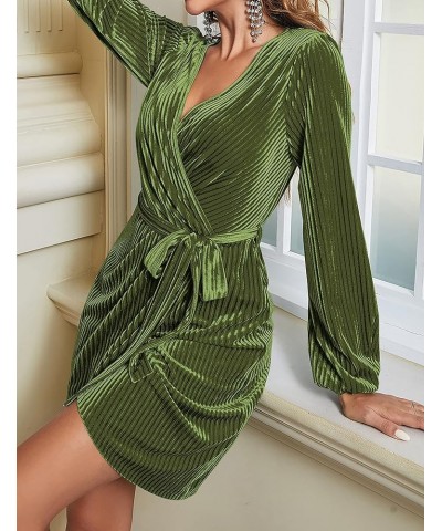 Women's 2024 Long Sleeve Wrap Velvet Mini Dress Sexy V Neck Cocktail Party Club Dress Olive $26.32 Dresses