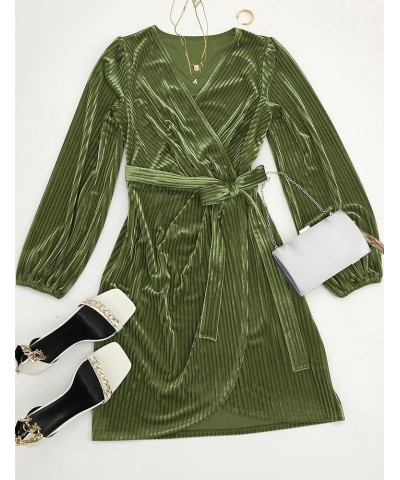Women's 2024 Long Sleeve Wrap Velvet Mini Dress Sexy V Neck Cocktail Party Club Dress Olive $26.32 Dresses