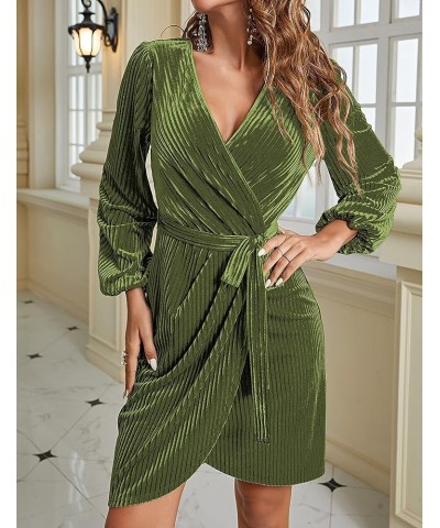 Women's 2024 Long Sleeve Wrap Velvet Mini Dress Sexy V Neck Cocktail Party Club Dress Olive $26.32 Dresses
