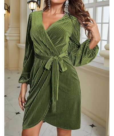 Women's 2024 Long Sleeve Wrap Velvet Mini Dress Sexy V Neck Cocktail Party Club Dress Olive $26.32 Dresses