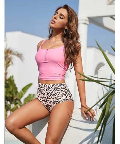 Women Sports Crop Tops High Waisted Bikini Retro Coverage Swimsuit Button Cut Out Bathing Suits Athletic Two Piece Swimwear P...