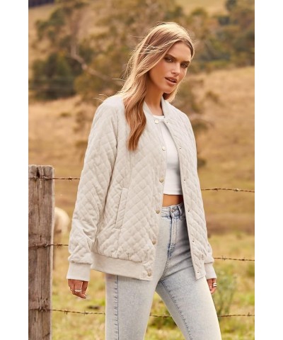 Womens Winter Quilted Bomber Jacket Long Sleeve Button Down Outerwear Trendy Casual Coats With Pockets Beige $25.49 Jackets
