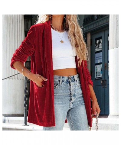 Women's Long Velvet Cardigan Jacket Casual Long Sleeve Open Front Velour Coat Shawl Lapel Duster Outwear with Pockets Wine $1...
