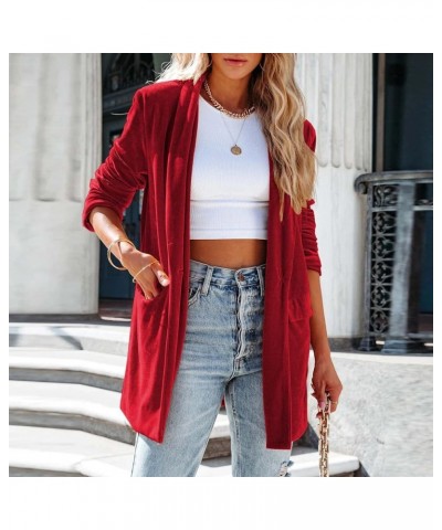 Women's Long Velvet Cardigan Jacket Casual Long Sleeve Open Front Velour Coat Shawl Lapel Duster Outwear with Pockets Wine $1...