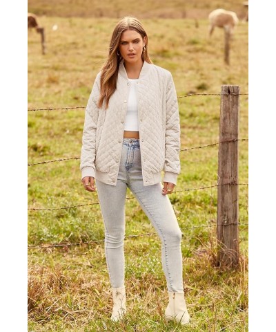 Womens Winter Quilted Bomber Jacket Long Sleeve Button Down Outerwear Trendy Casual Coats With Pockets Beige $25.49 Jackets