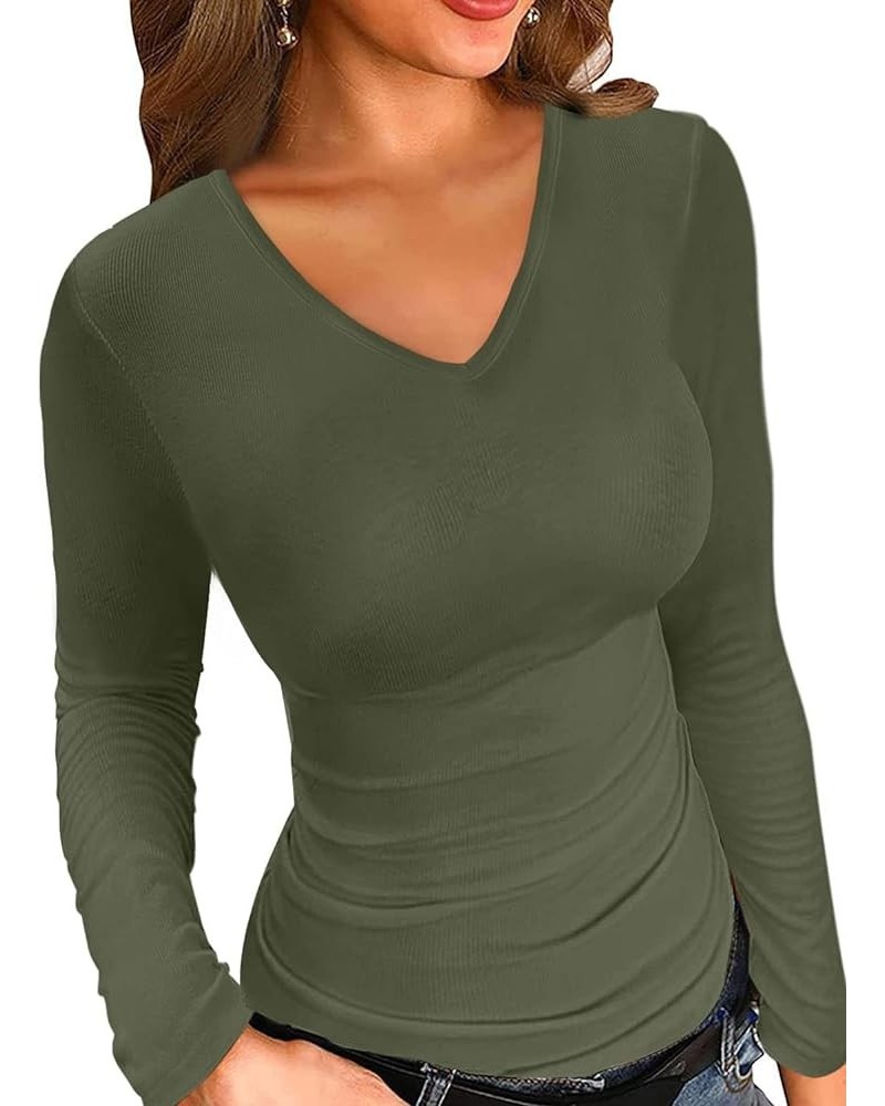 T Shirts for Women Short/Long Sleeve V Neck Casual Ribbed Slim Fitted Tops Green $12.32 Underwear