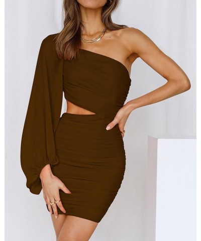 Women One Shoulder Ruched Bodycon Mini Dress Puff Long Sleeve 2024 Spring Summer Club Party Cocktail Short Dresses Z-coffee $...