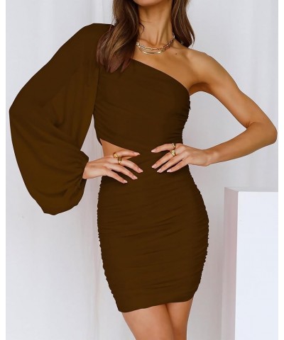 Women One Shoulder Ruched Bodycon Mini Dress Puff Long Sleeve 2024 Spring Summer Club Party Cocktail Short Dresses Z-coffee $...