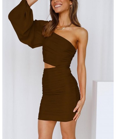 Women One Shoulder Ruched Bodycon Mini Dress Puff Long Sleeve 2024 Spring Summer Club Party Cocktail Short Dresses Z-coffee $...