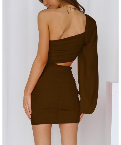 Women One Shoulder Ruched Bodycon Mini Dress Puff Long Sleeve 2024 Spring Summer Club Party Cocktail Short Dresses Z-coffee $...