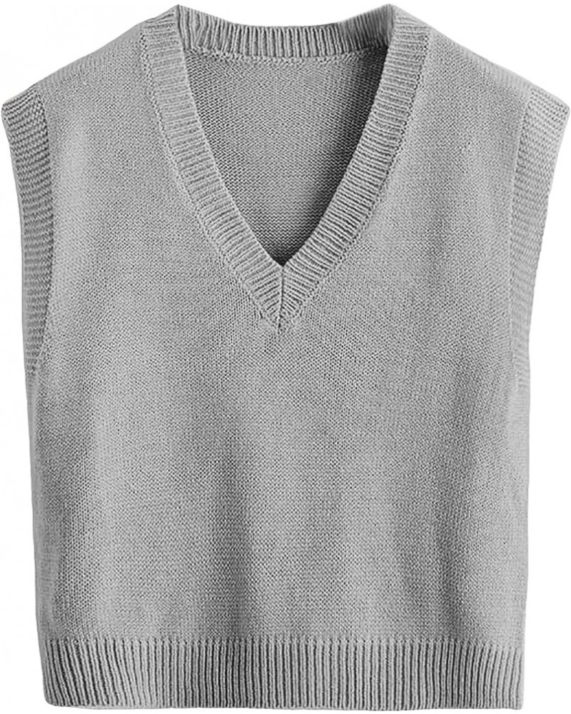 Women's Sleeveless V Neck Sweater Vest Trendy Pullover Knitwear Tank Tops Pure Light Grey $17.60 Sweaters