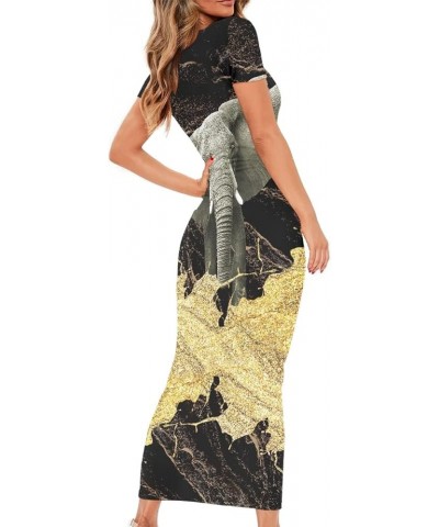 Womens Dresses 2023 Polynesian Dress Short Sleeve Crewneck Summer Print Sexy Plus Size Bodycon Dress Black Gold Elephant $14....
