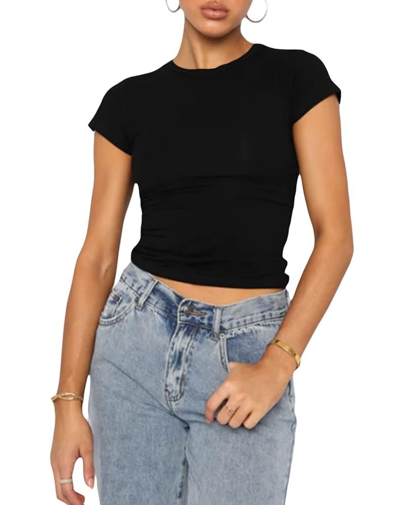 Short Sleeve Basic Crop Top for Women Going Out Slim Fitted Crew Neck T Shirts Solid Summer Baby Tee B Black $11.59 T-Shirts