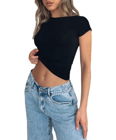 Short Sleeve Basic Crop Top for Women Going Out Slim Fitted Crew Neck T Shirts Solid Summer Baby Tee B Black $11.59 T-Shirts