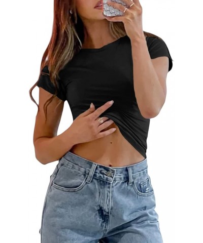 Short Sleeve Basic Crop Top for Women Going Out Slim Fitted Crew Neck T Shirts Solid Summer Baby Tee B Black $11.59 T-Shirts