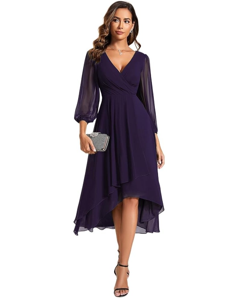 Women's Chiffon Spring V Neck Long Sleeves Pleated A-Line Midi Length Wedding Guest Dress 01926 Deep Purple $29.24 Dresses