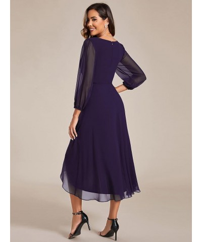 Women's Chiffon Spring V Neck Long Sleeves Pleated A-Line Midi Length Wedding Guest Dress 01926 Deep Purple $29.24 Dresses
