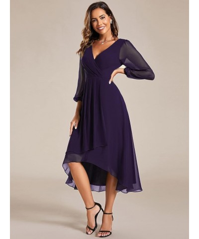 Women's Chiffon Spring V Neck Long Sleeves Pleated A-Line Midi Length Wedding Guest Dress 01926 Deep Purple $29.24 Dresses