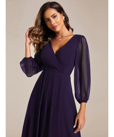 Women's Chiffon Spring V Neck Long Sleeves Pleated A-Line Midi Length Wedding Guest Dress 01926 Deep Purple $29.24 Dresses