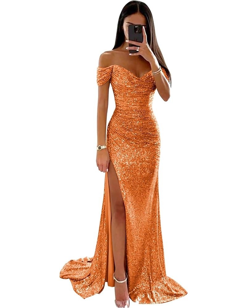 Sparkly Sequin Prom Dresses Long with Slit Off The Shoulder Bridesmaid Dress Pleated Evening Formal Gowns Orange $36.39 Dresses