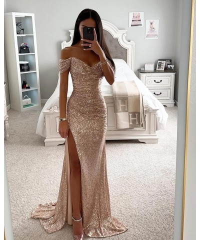 Sparkly Sequin Prom Dresses Long with Slit Off The Shoulder Bridesmaid Dress Pleated Evening Formal Gowns Orange $36.39 Dresses