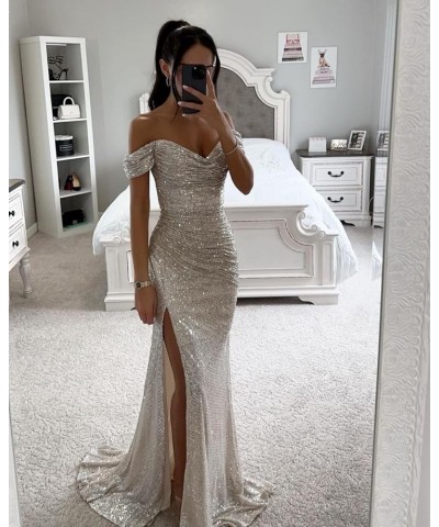 Sparkly Sequin Prom Dresses Long with Slit Off The Shoulder Bridesmaid Dress Pleated Evening Formal Gowns Orange $36.39 Dresses