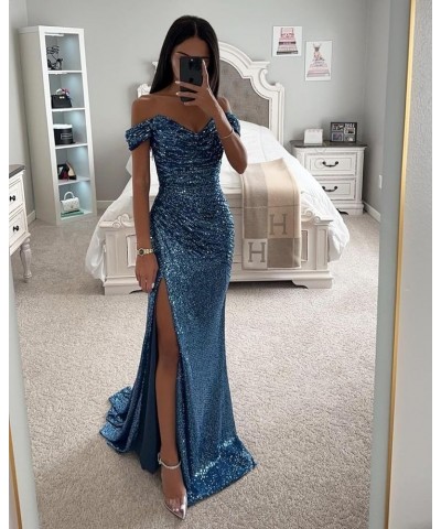 Sparkly Sequin Prom Dresses Long with Slit Off The Shoulder Bridesmaid Dress Pleated Evening Formal Gowns Orange $36.39 Dresses